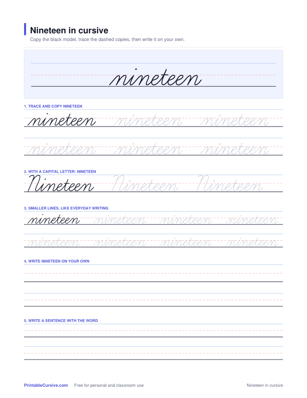 Preview of the Nineteen in cursive practice sheet worksheet