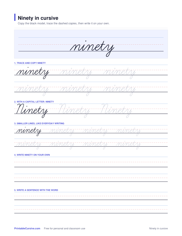 Preview of the Ninety in cursive practice sheet worksheet