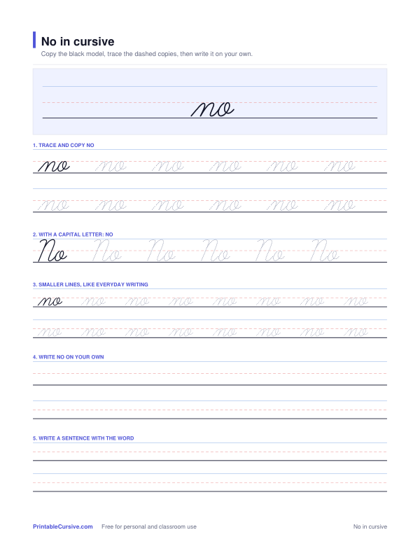 Preview of the No in cursive practice sheet worksheet