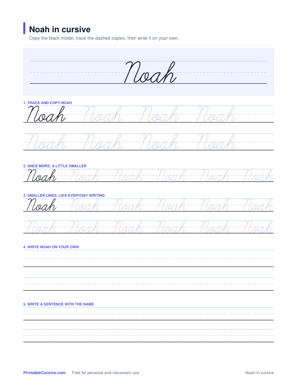 Preview of the Noah in cursive practice sheet worksheet