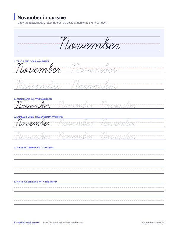 Preview of the November in cursive practice sheet worksheet