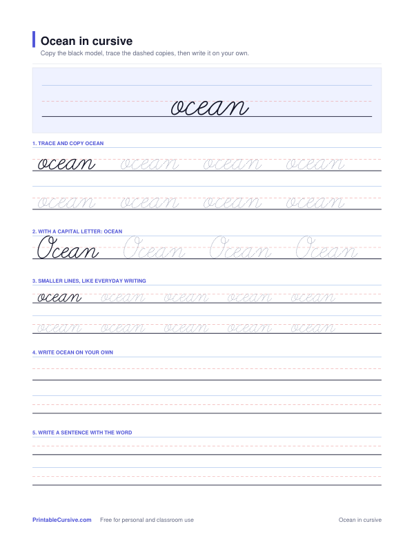 Preview of the Ocean in cursive practice sheet worksheet
