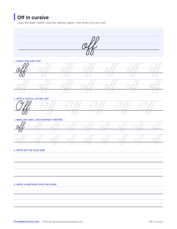 Preview of the Off in cursive practice sheet worksheet