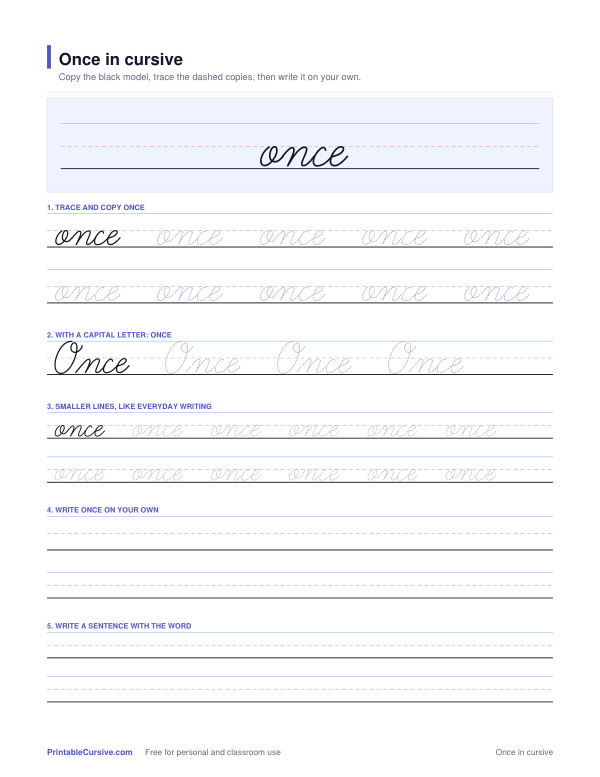 Preview of the Once in cursive practice sheet worksheet