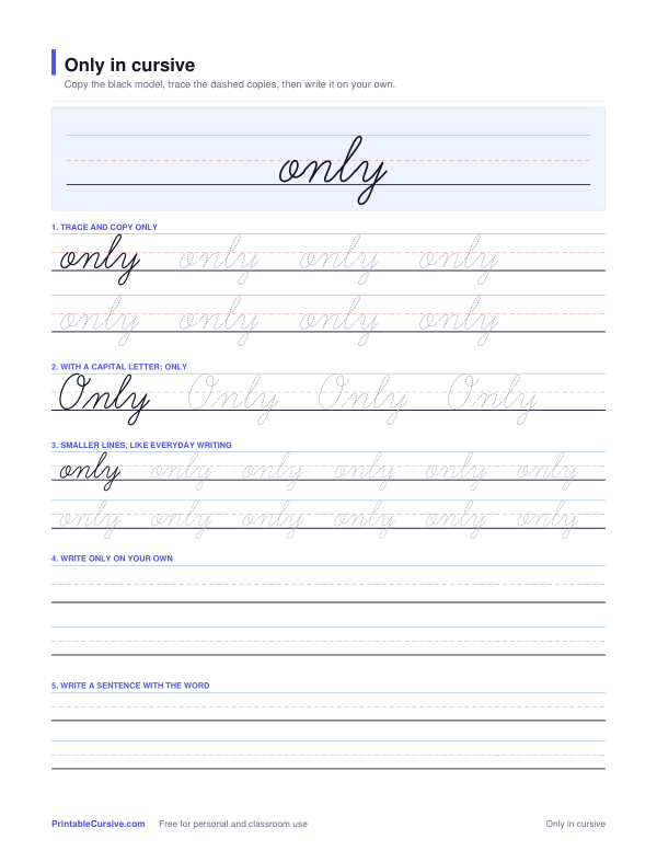 Preview of the Only in cursive practice sheet worksheet