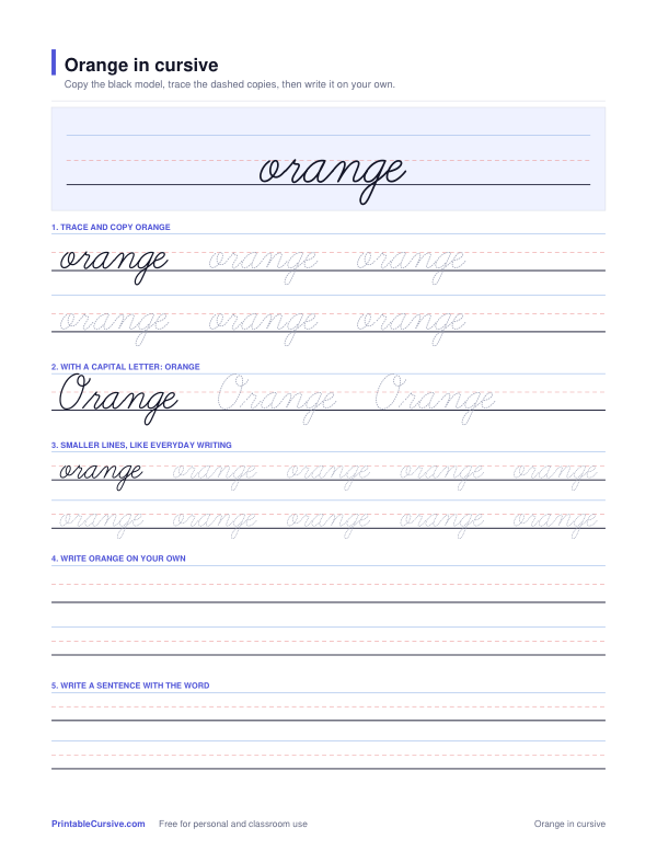 Preview of the Orange in cursive practice sheet worksheet