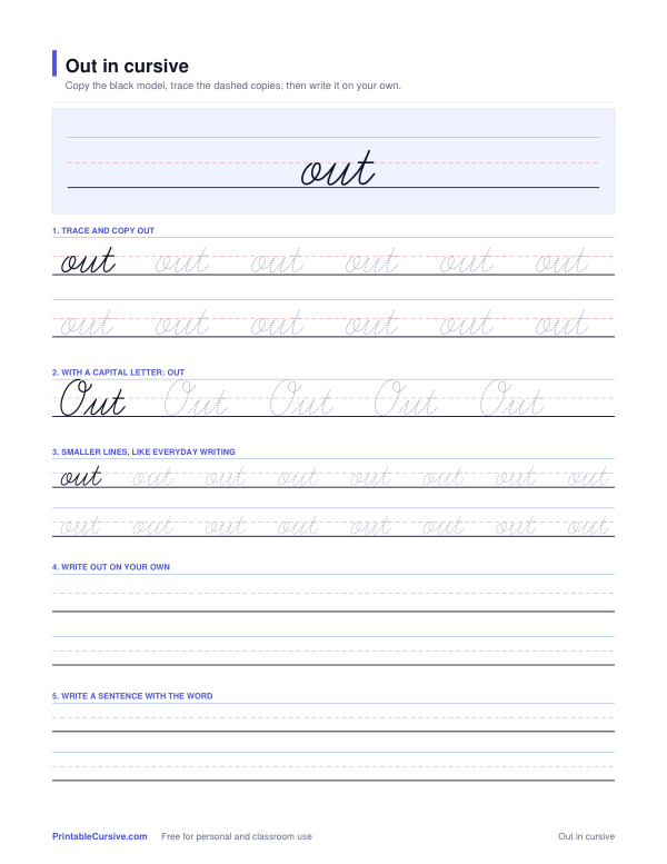 Preview of the Out in cursive practice sheet worksheet