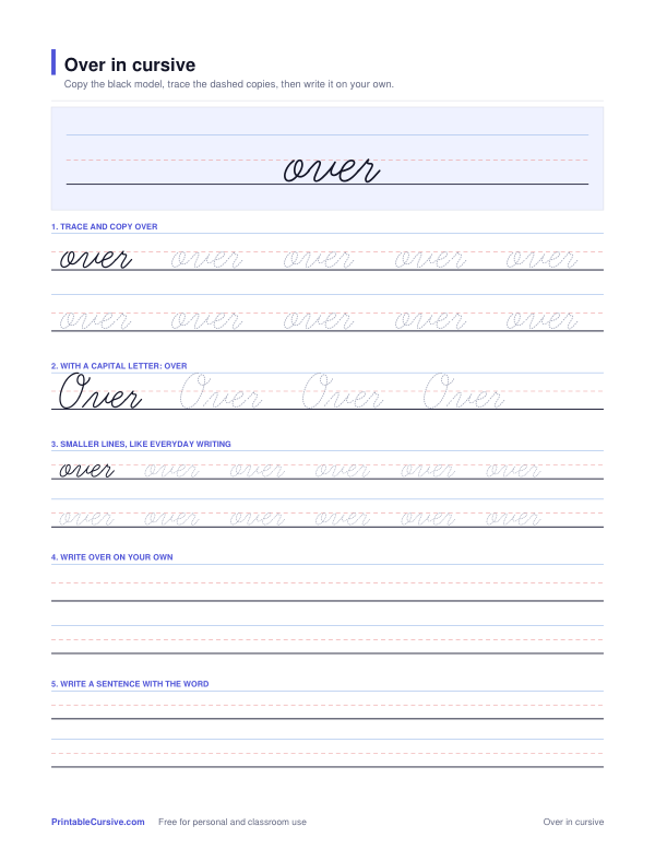 Preview of the Over in cursive practice sheet worksheet
