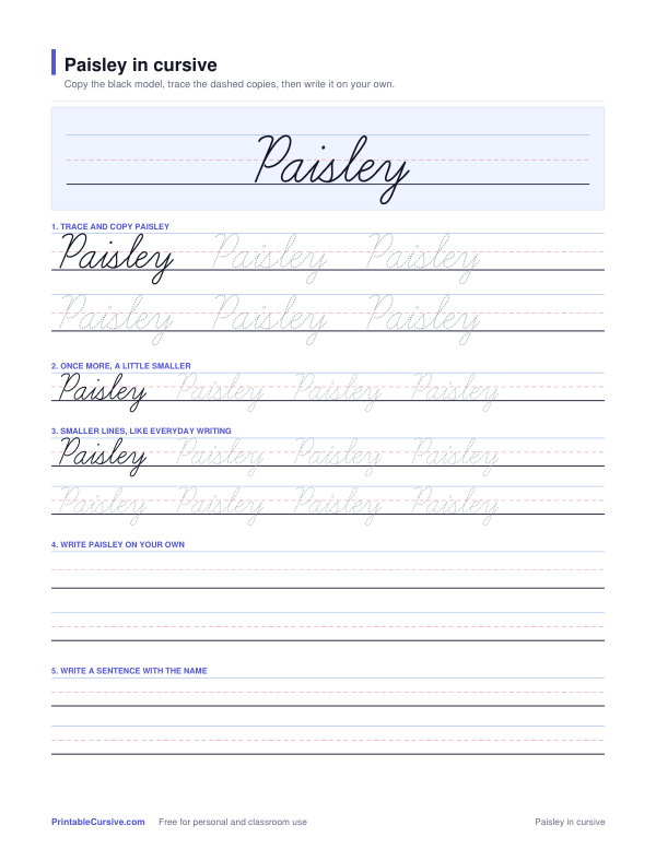 Preview of the Paisley in cursive practice sheet worksheet