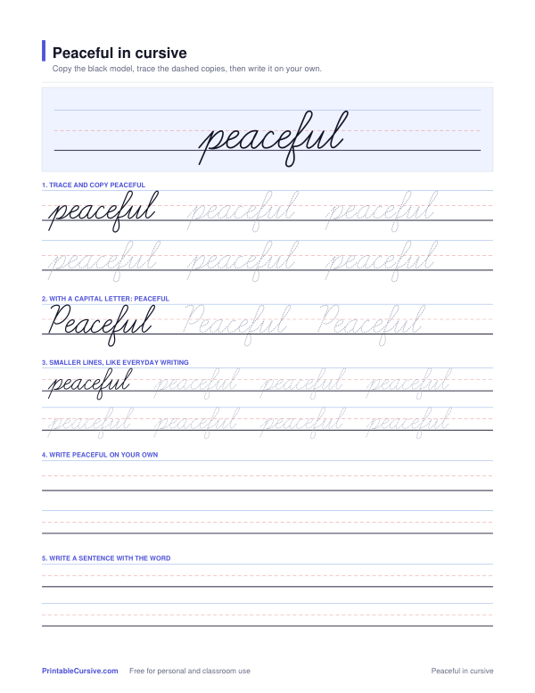 Preview of the Peaceful in cursive practice sheet worksheet