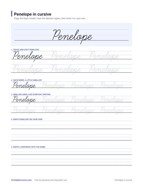 Preview of the Penelope in cursive practice sheet worksheet