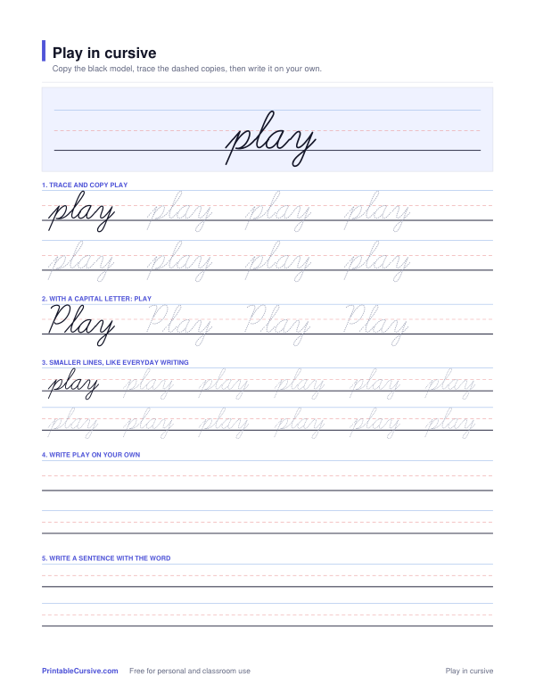 Preview of the Play in cursive practice sheet worksheet
