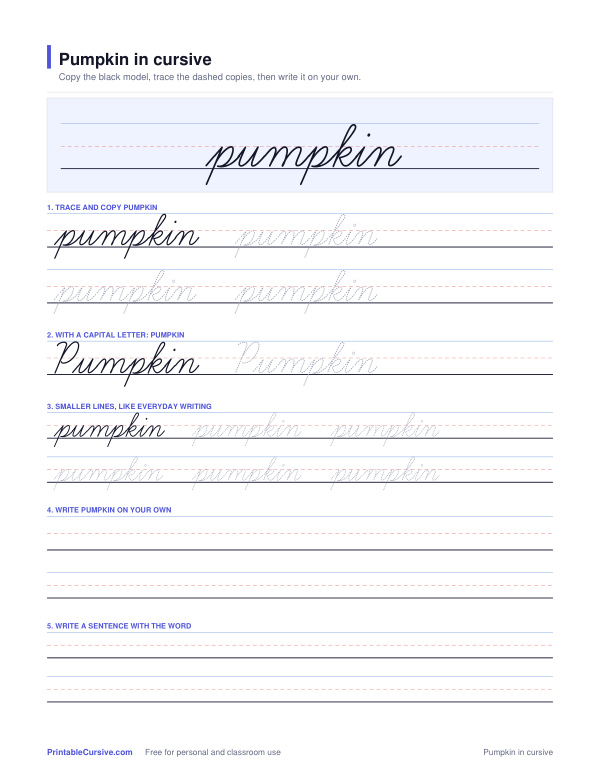 Preview of the Pumpkin in cursive practice sheet worksheet