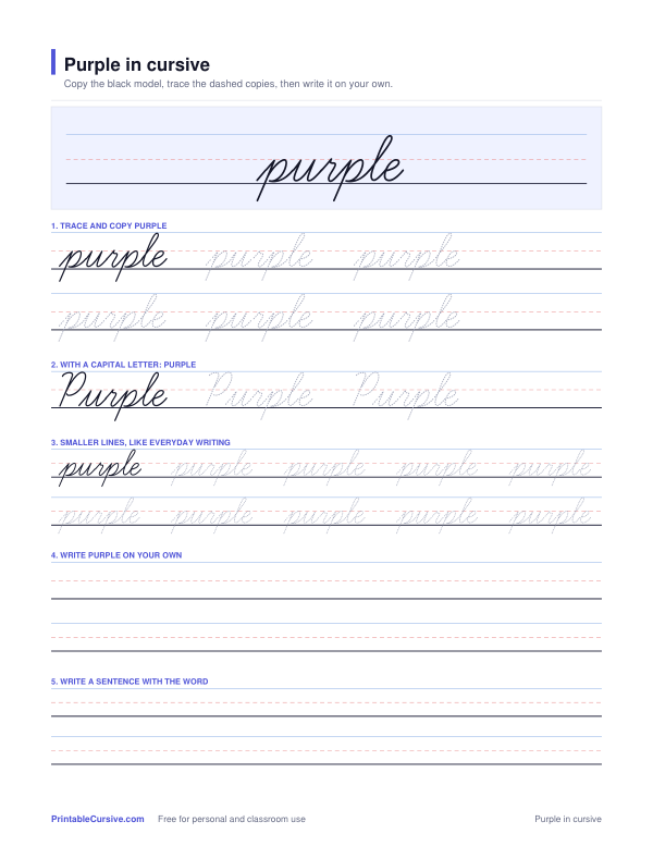 Preview of the Purple in cursive practice sheet worksheet