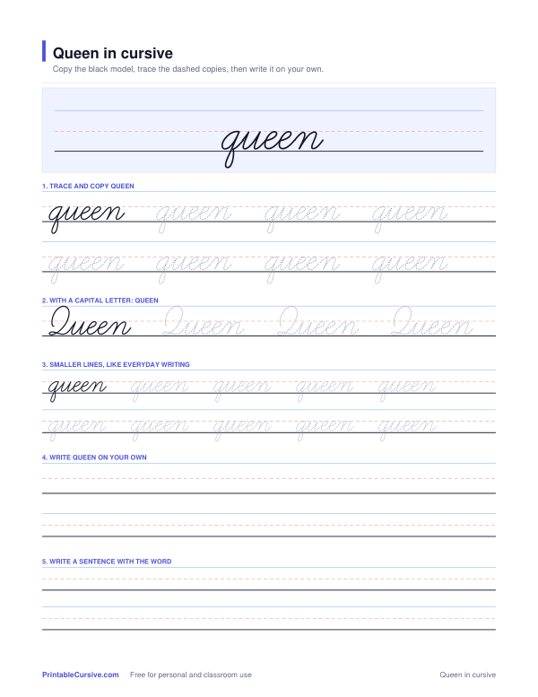 Preview of the Queen in cursive practice sheet worksheet