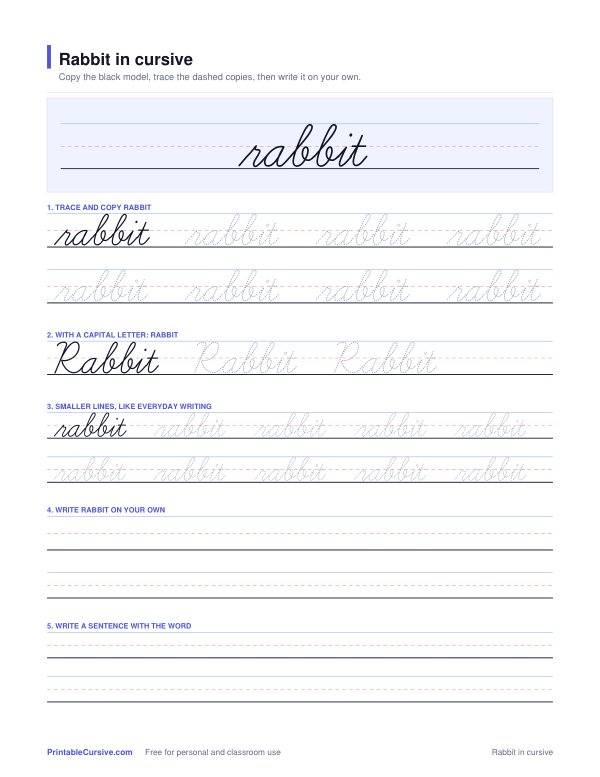 Preview of the Rabbit in cursive practice sheet worksheet