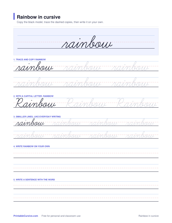 Preview of the Rainbow in cursive practice sheet worksheet