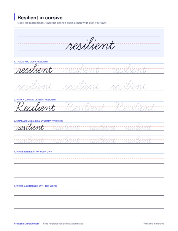Preview of the Resilient in cursive practice sheet worksheet