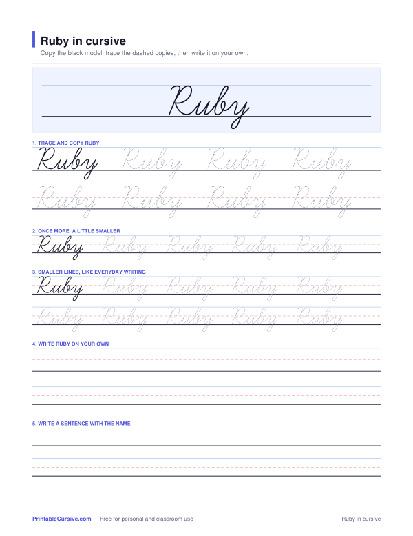 Preview of the Ruby in cursive practice sheet worksheet