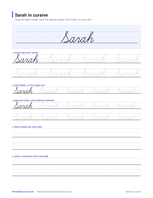 Preview of the Sarah in cursive practice sheet worksheet