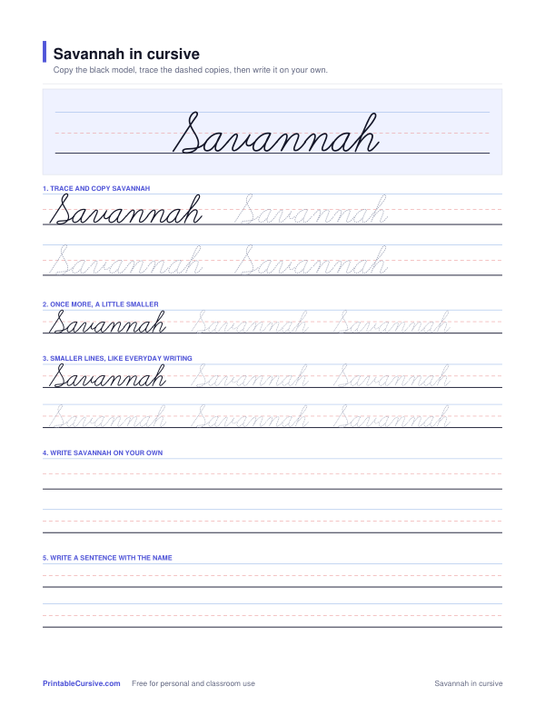 Preview of the Savannah in cursive practice sheet worksheet