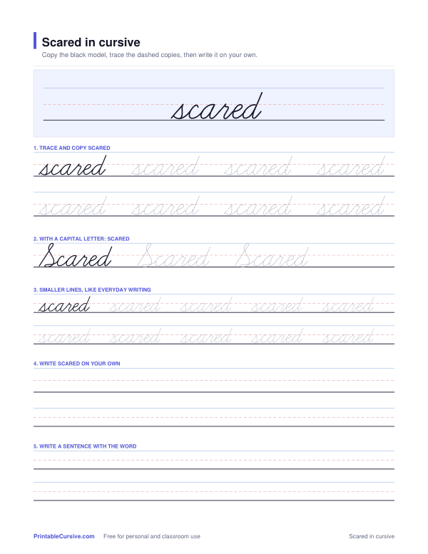 Preview of the Scared in cursive practice sheet worksheet