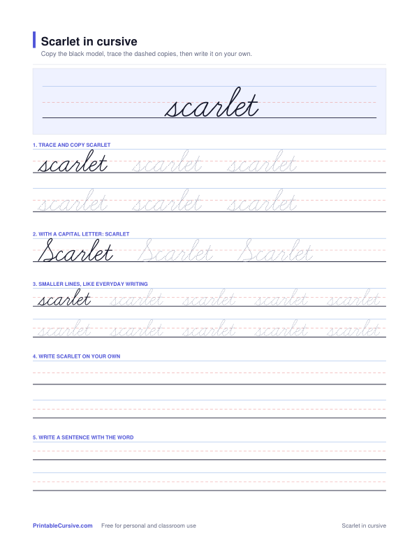Preview of the Scarlet in cursive practice sheet worksheet