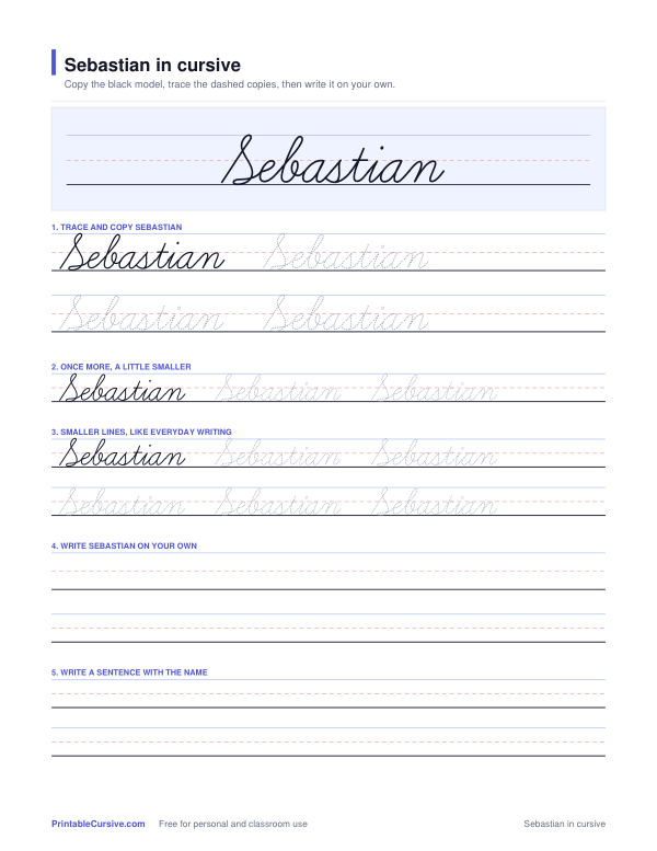Preview of the Sebastian in cursive practice sheet worksheet