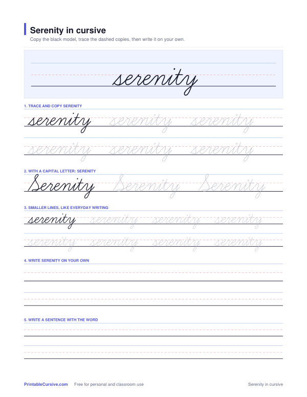 Preview of the Serenity in cursive practice sheet worksheet