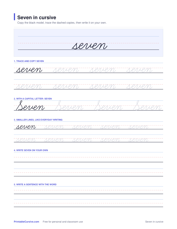 Preview of the Seven in cursive practice sheet worksheet