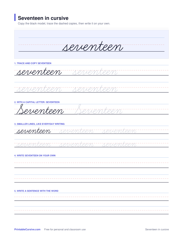 Preview of the Seventeen in cursive practice sheet worksheet