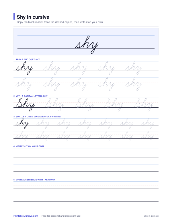 Preview of the Shy in cursive practice sheet worksheet