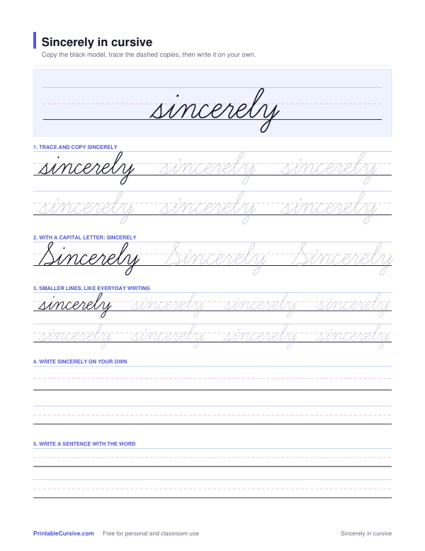 Preview of the Sincerely in cursive practice sheet worksheet