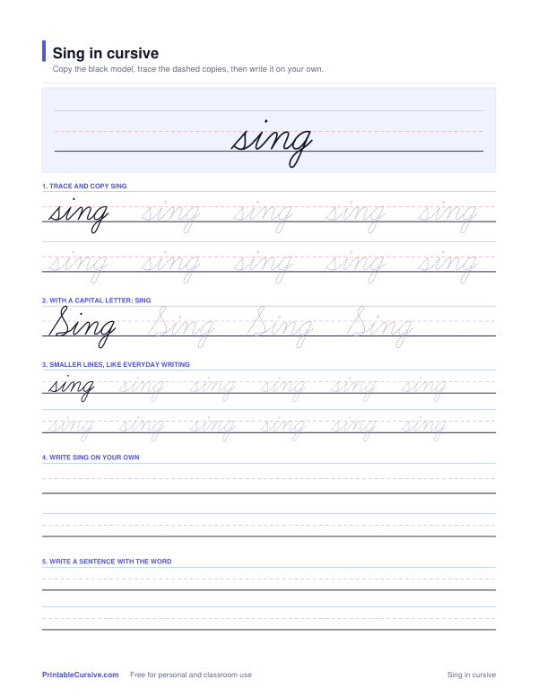 Preview of the Sing in cursive practice sheet worksheet