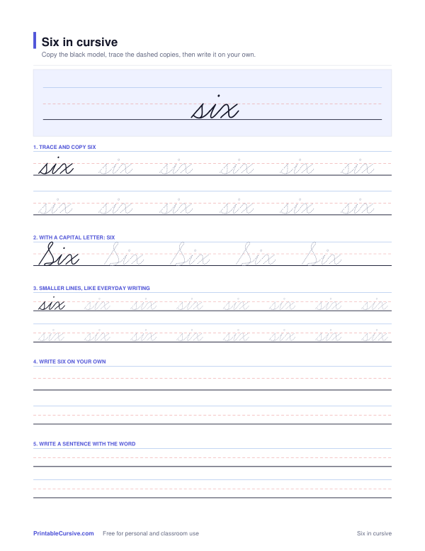 Preview of the Six in cursive practice sheet worksheet