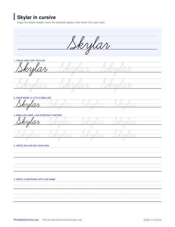 Preview of the Skylar in cursive practice sheet worksheet