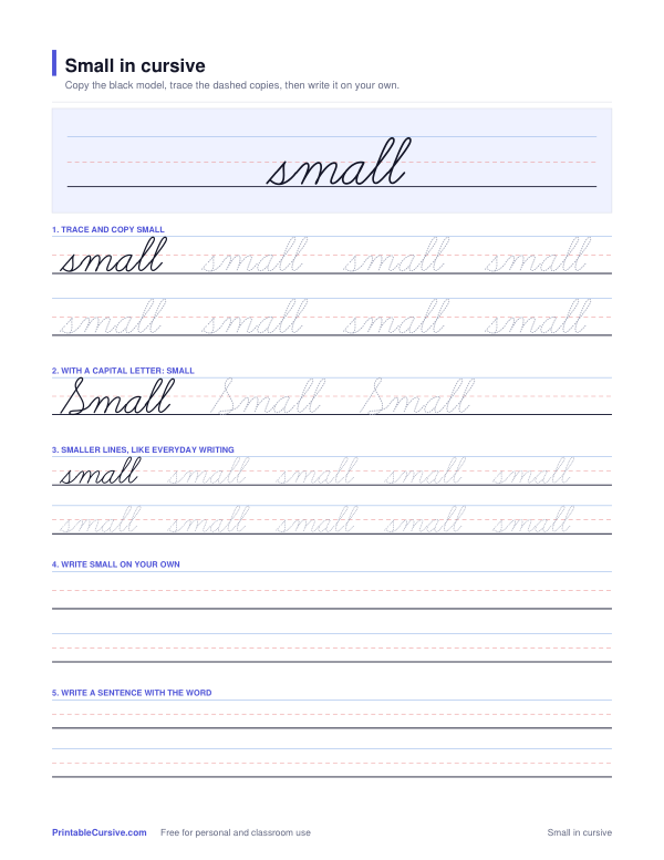 Preview of the Small in cursive practice sheet worksheet