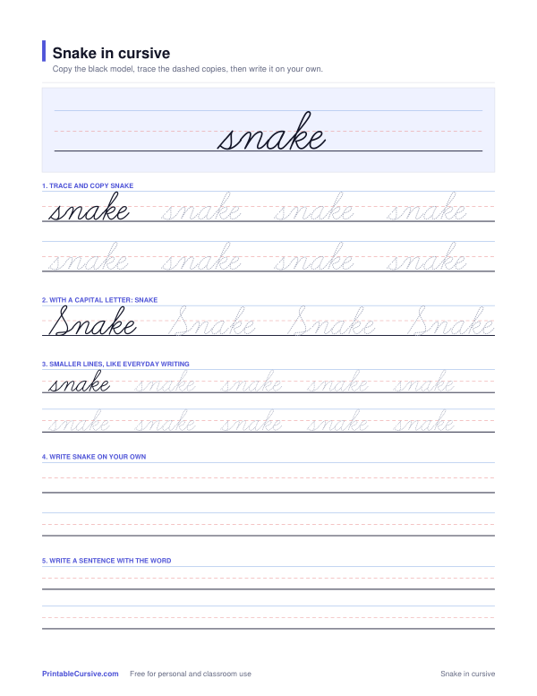 Preview of the Snake in cursive practice sheet worksheet