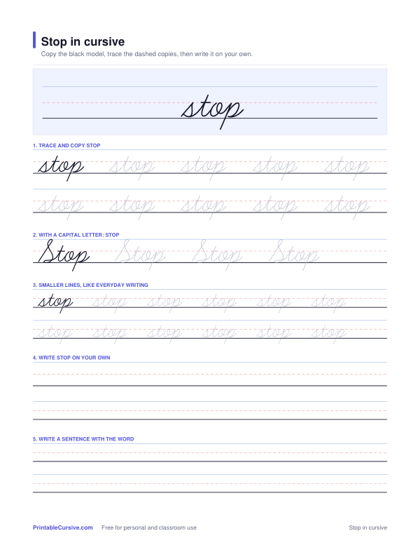 Preview of the Stop in cursive practice sheet worksheet