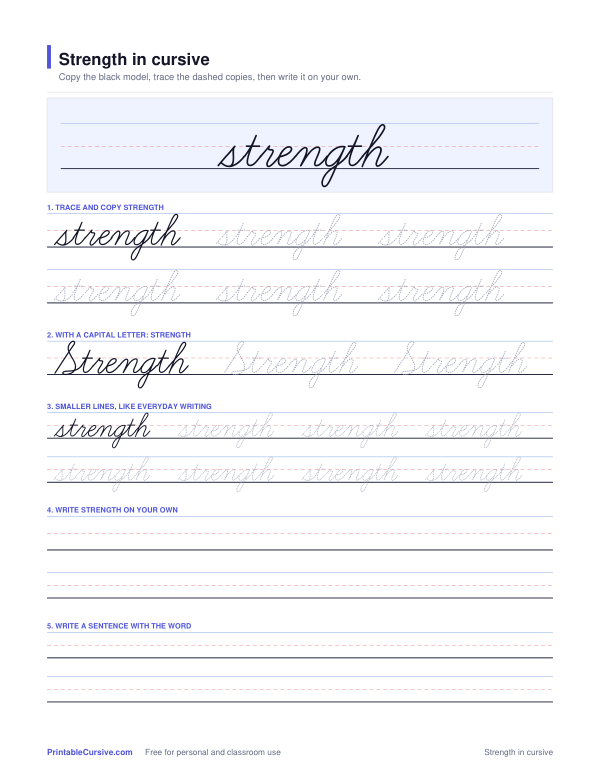 Preview of the Strength in cursive practice sheet worksheet