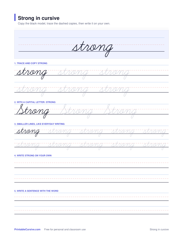 Preview of the Strong in cursive practice sheet worksheet