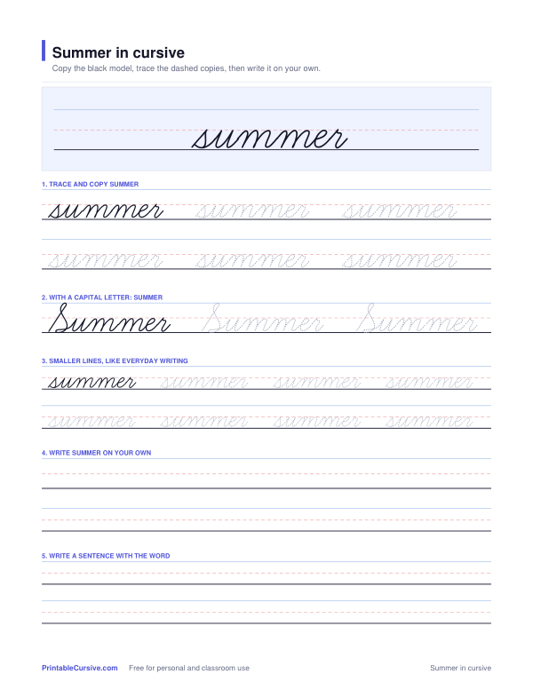 Preview of the Summer in cursive practice sheet worksheet