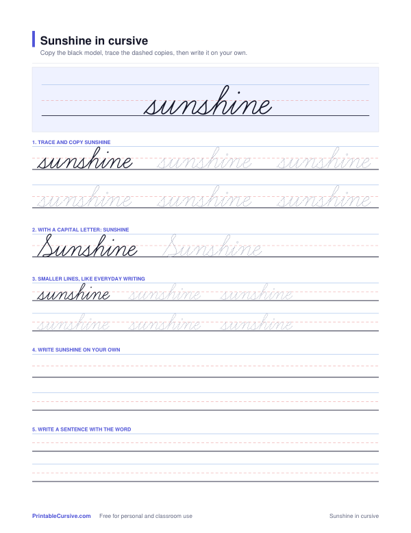 Preview of the Sunshine in cursive practice sheet worksheet