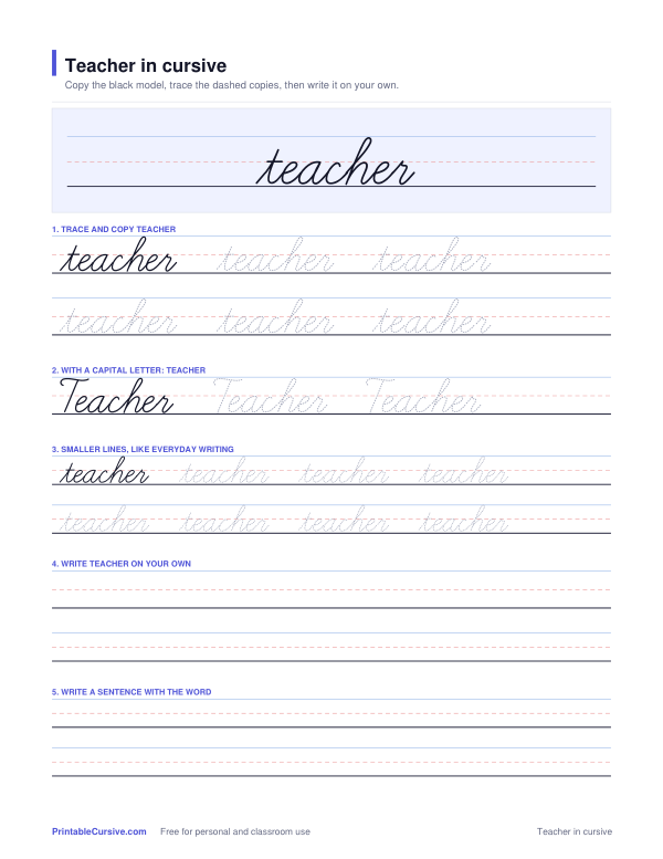 Preview of the Teacher in cursive practice sheet worksheet