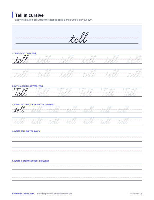 Preview of the Tell in cursive practice sheet worksheet