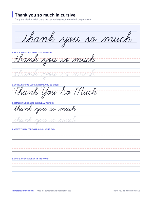Preview of the Thank you so much in cursive practice sheet worksheet