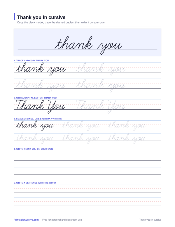 Preview of the Thank you in cursive practice sheet worksheet