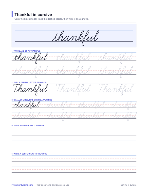 Preview of the Thankful in cursive practice sheet worksheet