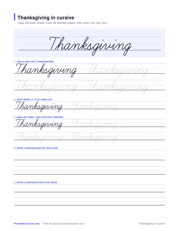 Preview of the Thanksgiving in cursive practice sheet worksheet