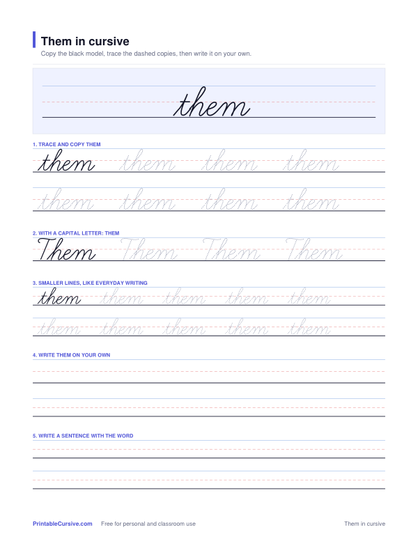Preview of the Them in cursive practice sheet worksheet
